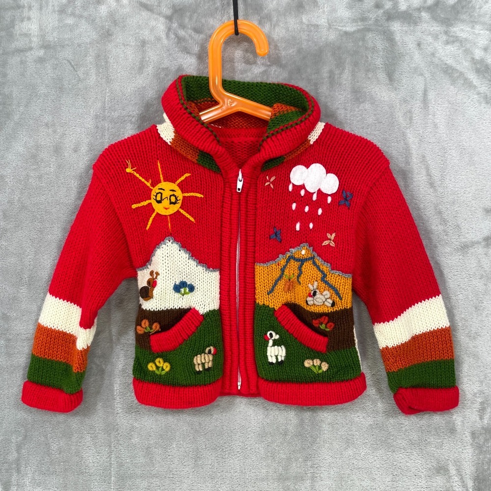 Handmade Peruvian Toddler Baby Hooded Sweater Cardigan Wool Blend Stretch Red
